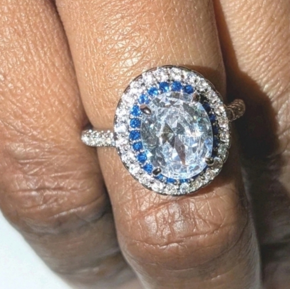 3ct Blue Halo White Diamond Simulated Engagement Ring 14k White Gold Plated Sz 7